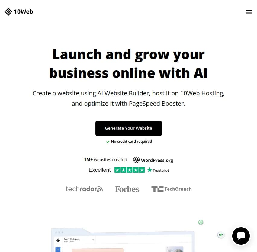 Screenshot of app 10web.io  : Lancez et développez votre entreprise en ligne avec 10web.io! Créez un site web avec l'IA, hébergez-le, et optimisez sa performance avec l'outil PageSpeed Booster.