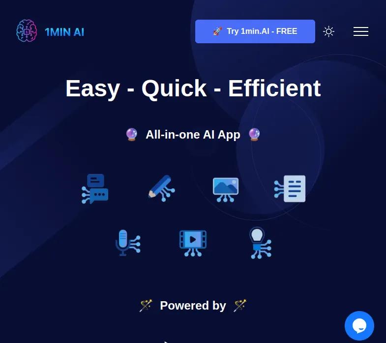 Screenshot of app 1min AI : Découvrez 1min.AI, outil tout-en-un d'IA. Boostez votre productivité et transformez vos idées en réalisations concrètes. Testez sans frais