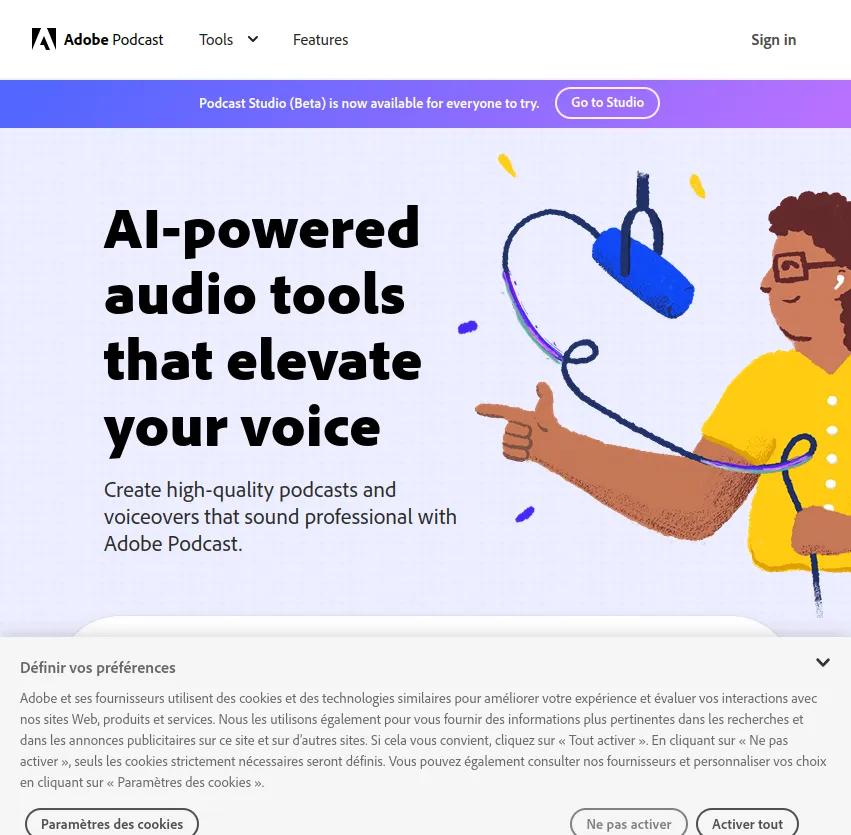 Screenshot of app Adobe Podcast : Créez des podcasts et narrations de qualité professionnelle avec Adobe Podcast, les outils audio propulsés par l'IA qui subliment votre voix.