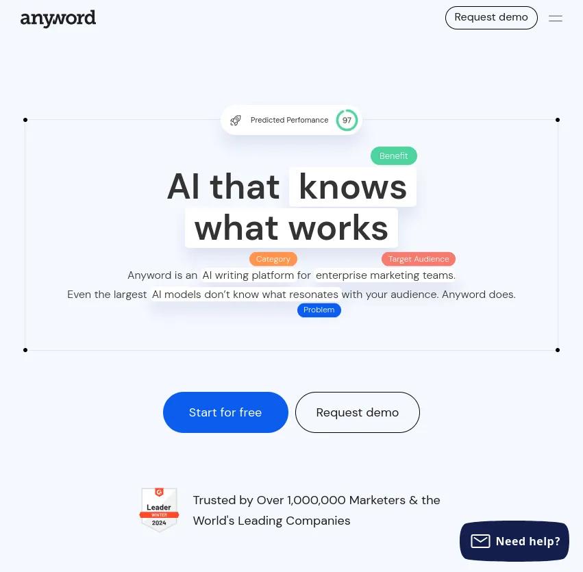 Découvrez Anyword, la plateforme d'écriture AI pour les équipes marketing. Connectez les outils et créez des contenus impactants qui résonnent avec votre audience. Inventez tout!