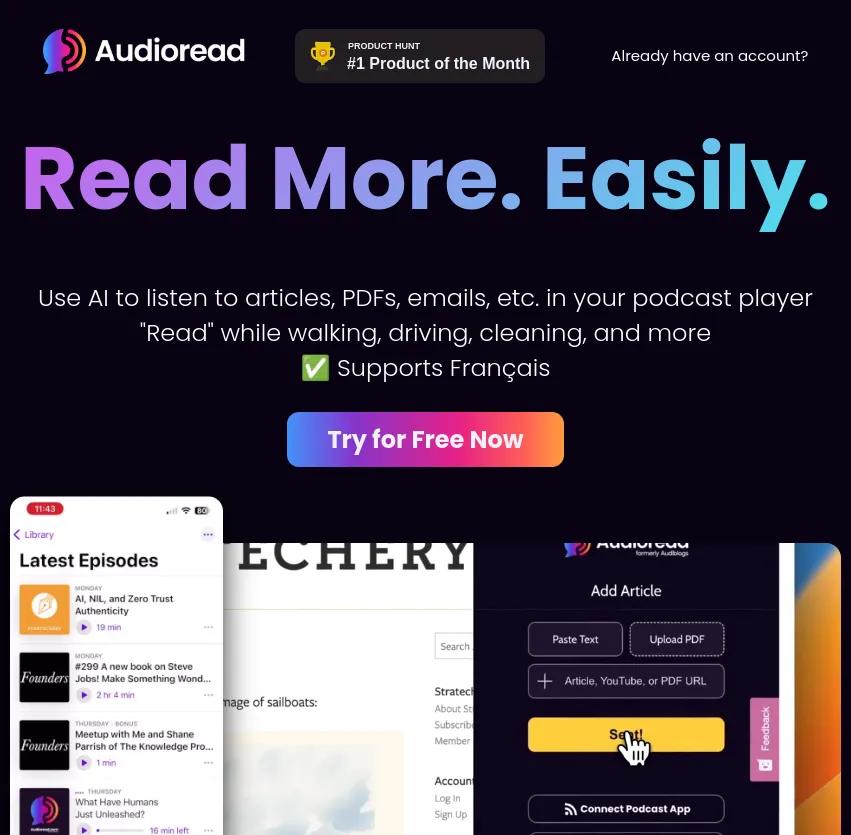 Découvrez Audioread, votre compagnon de lecture audio. Transformez articles, PDFs et emails en podcasts et "lisez" en marchant, en conduisant ou en faisant le ménage. Supports Français inclus.