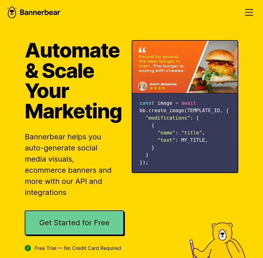 Découvrez Bannerbear, l'outil ultime pour automatiser et amplifier votre marketing. Générez automatiquement des visuels de médias sociaux, des bannières e-commerce et plus encore avec API et intégrations.