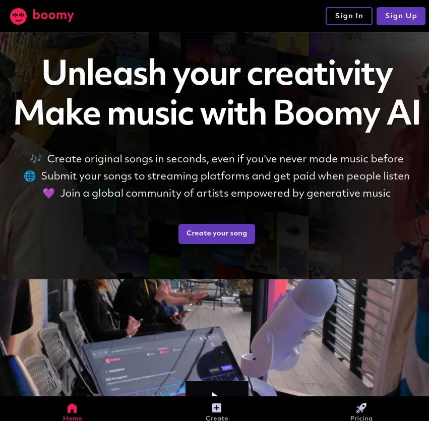 Screenshot of app Boomy : Libérez votre créativité musicale avec Boomy. 🎶 Composez des chansons originales en quelques secondes, même sans expérience musicale. Rejoignez une communauté mondiale d'artistes et gagnez en streaming.