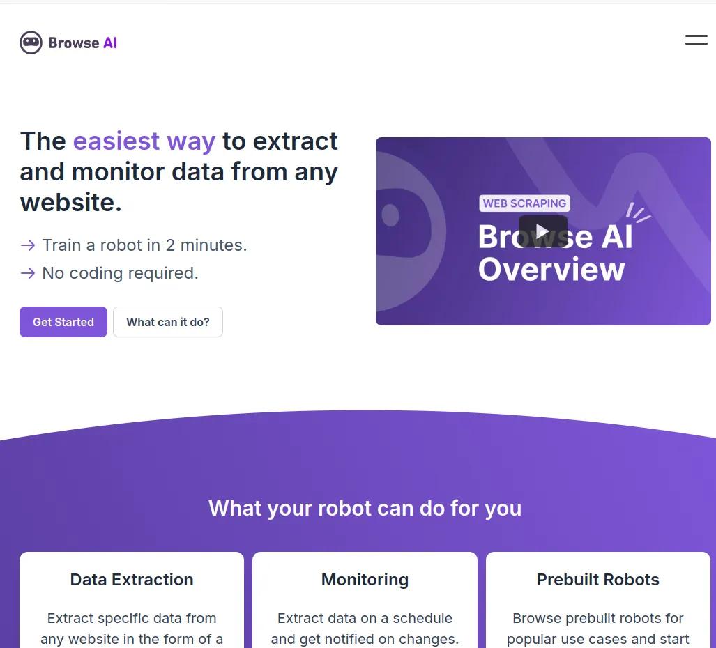 Screenshot of app Browse AI : Découvrez Browse, l'outil ultime pour extraire et surveiller les données de n'importe quel site web. Entraînez un robot en 2 minutes sans aucune connaissance en codage.