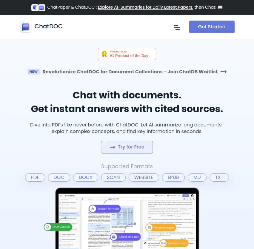 Screenshot of app ChatDOC : Plongez dans vos documents avec ChatDOC. Obtenez des réponses instantanées, des résumés intelligents et des explications claires. Découvrez une nouvelle façon d'explorer vos PDFs!