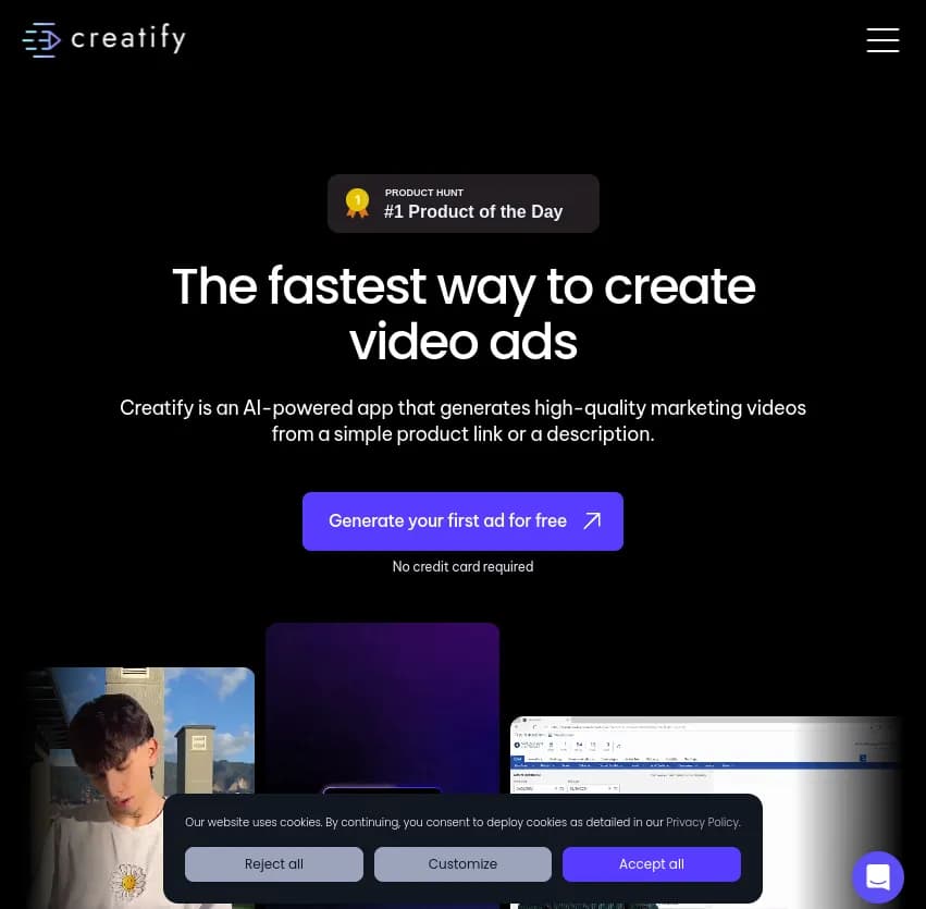 Screenshot of app Creatify AI : Découvrez Creatify AI, l'outil ultime pour créer rapidement des publicités vidéo percutantes. Transformez un lien produit ou une description textuelle en vidéos marketing de haute qualité.