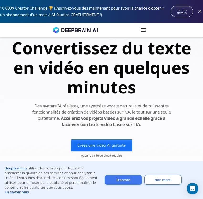 Screenshot of app Deep Brain AI : Découvrez Deep Brain AI, l'outil n°1 pour générer des vidéos avec des avatars réalistes, une synthèse vocale naturelle et des capacités avancées de texte en vidéo. Créez à grande échelle!