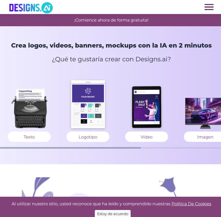 Screenshot of app Designs : Créez des logos, vidéos, bannières et maquettes en 2 minutes avec Designs.ai. Transformez vos idées rapidement grâce à l'IA. Qu'allez-vous imaginer avec Designs.ai ?