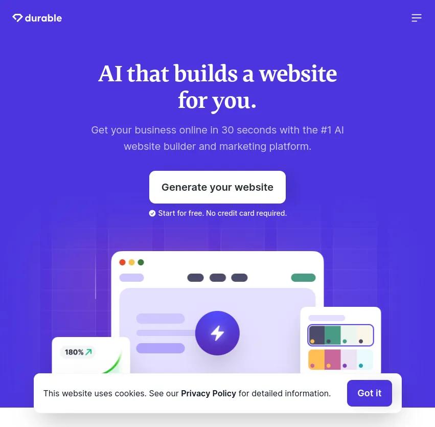 Screenshot of app Durable : Créez votre site en 30 secondes avec Durable, l'outil AI n°1 pour construire et promouvoir votre présence en ligne. Connectez, précisez, inventez !