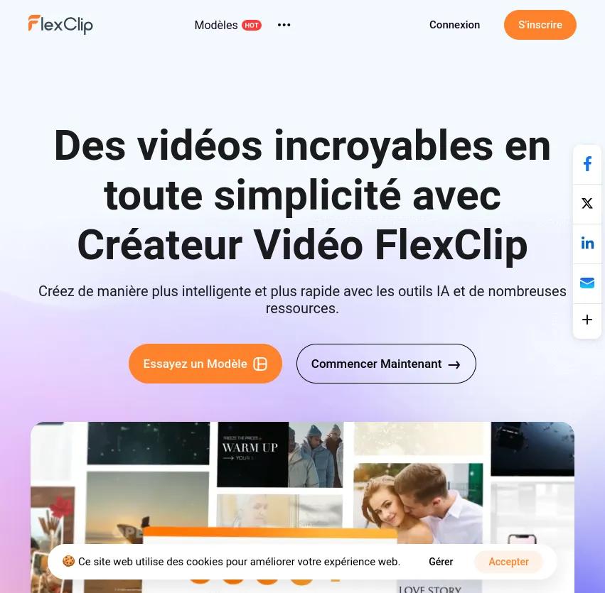 Screenshot of app Flex Clip : FlexClip, l'outil gratuit de création vidéo par IA, transforme vos textes en vidéos réalistes en un clic. Créez facilement des vidéos captivantes sans équipement ni compétences requises.