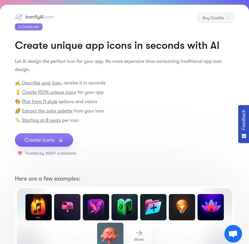 Screenshot of app Iconify AI : Créez des icônes d'application uniques en quelques secondes avec Iconify AI. Décrivez votre icône, choisissez parmi 11 styles et couleurs, et extrayez la palette de couleurs. À partir de 0,08 € par icône.
