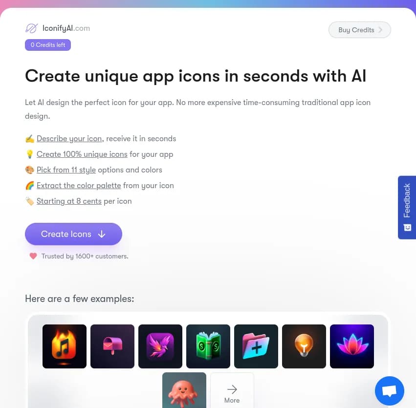 Screenshot of app Iconify AI : Créez des icônes d'application uniques en quelques secondes avec Iconify AI. Décrivez votre icône, choisissez parmi 11 styles et couleurs, et extrayez la palette de couleurs. À partir de 0,08 € par icône.