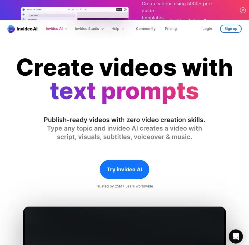 Screenshot of app InVideo : Créez des vidéos prêtes à publier sans compétences en montage vidéo avec InVideo. Tapez un sujet et InVideo AI génère le script, les visuels, les sous-titres, la voix off et la musique.