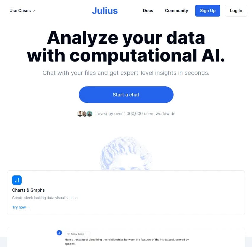 Screenshot of app Julius AI : Découvrez Julius AI, l'outil ultime pour analyser vos données avec l'IA. Discutez avec vos fichiers et obtenez des insights d'expert en quelques secondes. Transformez vos informations en actions!