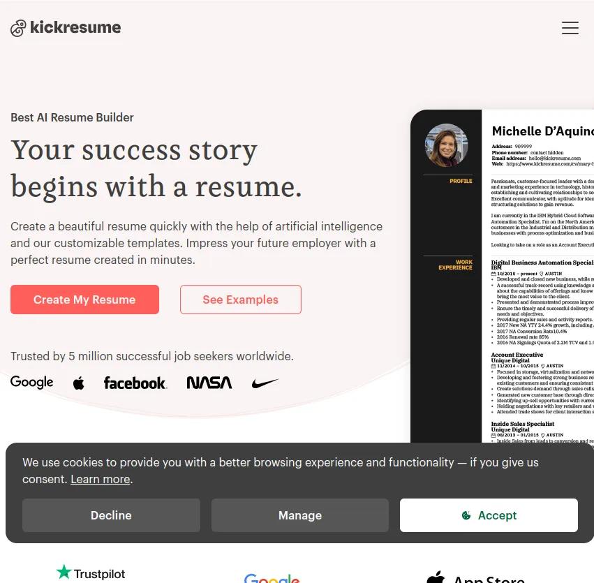 Créez un CV parfait en quelques minutes avec Kickresume, l'outil ultime alimenté par l'IA et des modèles personnalisables pour impressionner les employeurs. démarrez votre succès dès maintenant!