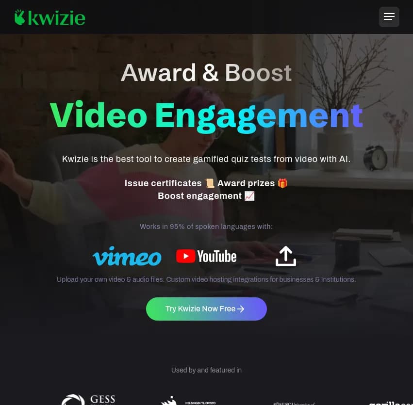 Screenshot of app Kwizie : Transformez vos vidéos en jeux-questionnaires avec Kwizie, l'outil AI innovant. Engagez votre audience en convertissant le visionnage passif en apprentissage actif.