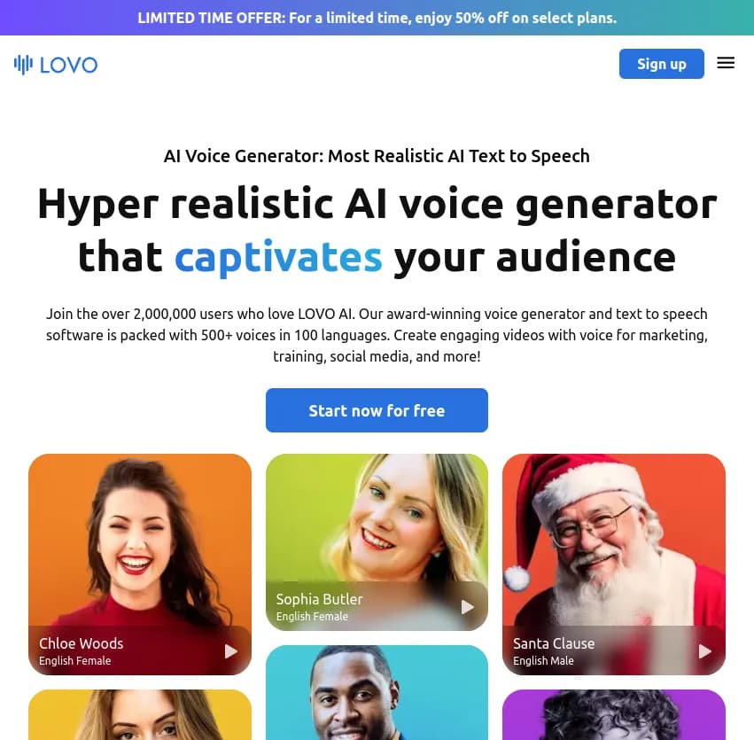 Générez des voix hyper réalistes et captez votre audience avec LOVO AI. Plus de 2 millions d'utilisateurs apprécient notre outil primé offrant 500+ voix en 100 langues pour vos vidéos.