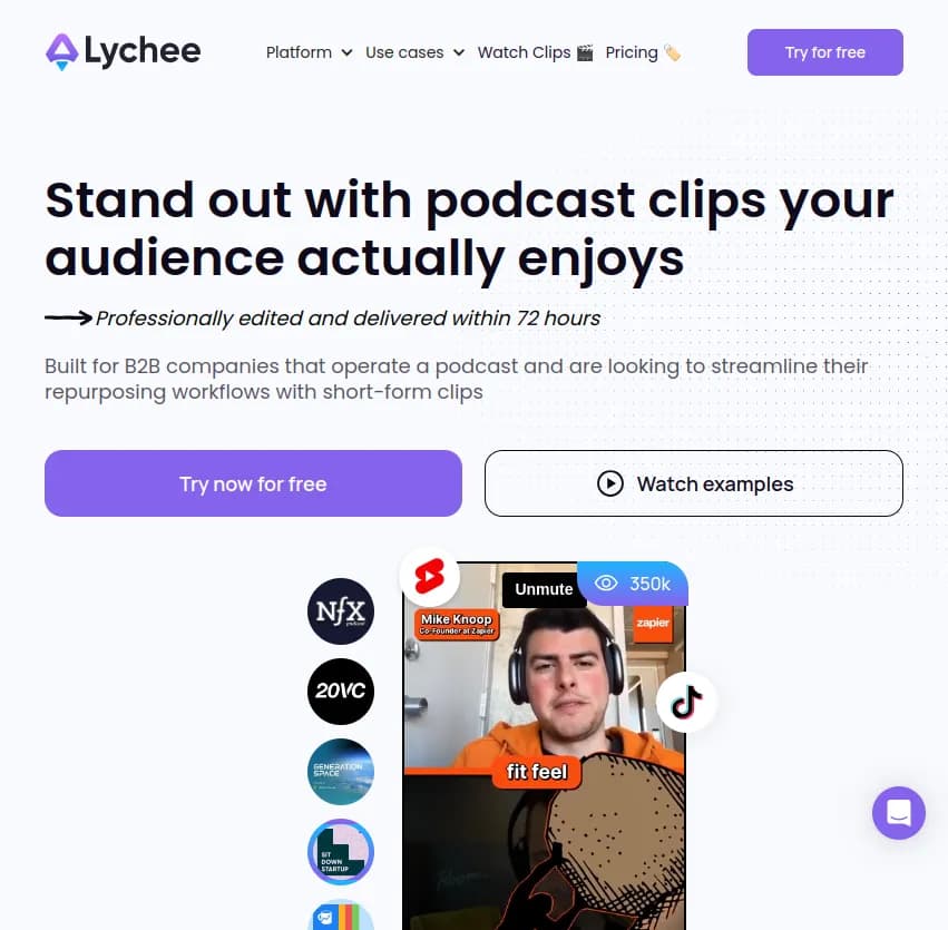 Screenshot of app Lychee : Découvrez Lychee : L'outil ultime pour créer des clips de podcast époustouflants. Simplifiez vos workflows de réutilisation et publiez plus de contenus professionnels.