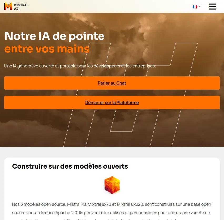 Screenshot of app Mistral AI : Découvrez Mistral AI : le laboratoire de recherche qui révolutionne l'open source avec ses modèles LLM puissants.  Créez des produits et applications innovants grâce à notre plateforme avancée.