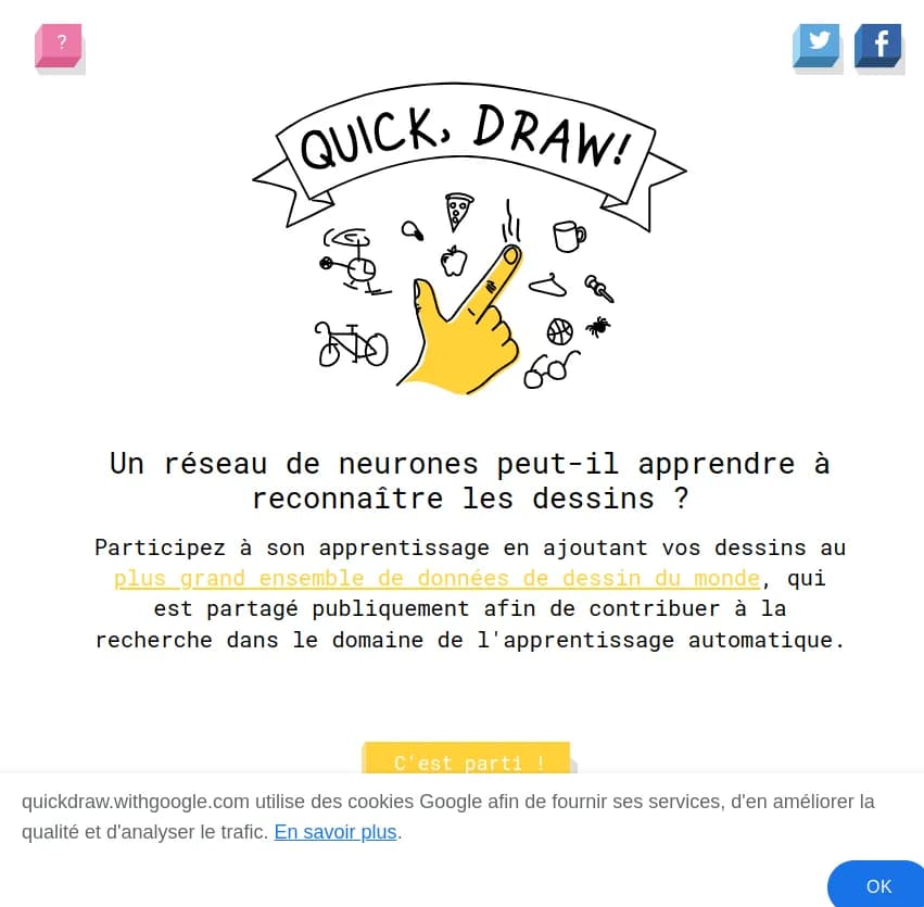 Screenshot of app Quick Draw With Google : Découvrez Quick Draw With Google : contribuez à la recherche IA en ajoutant vos dessins au plus grand ensemble de données de gribouillages, et voyez si une IA peut reconnaître vos œuvres !