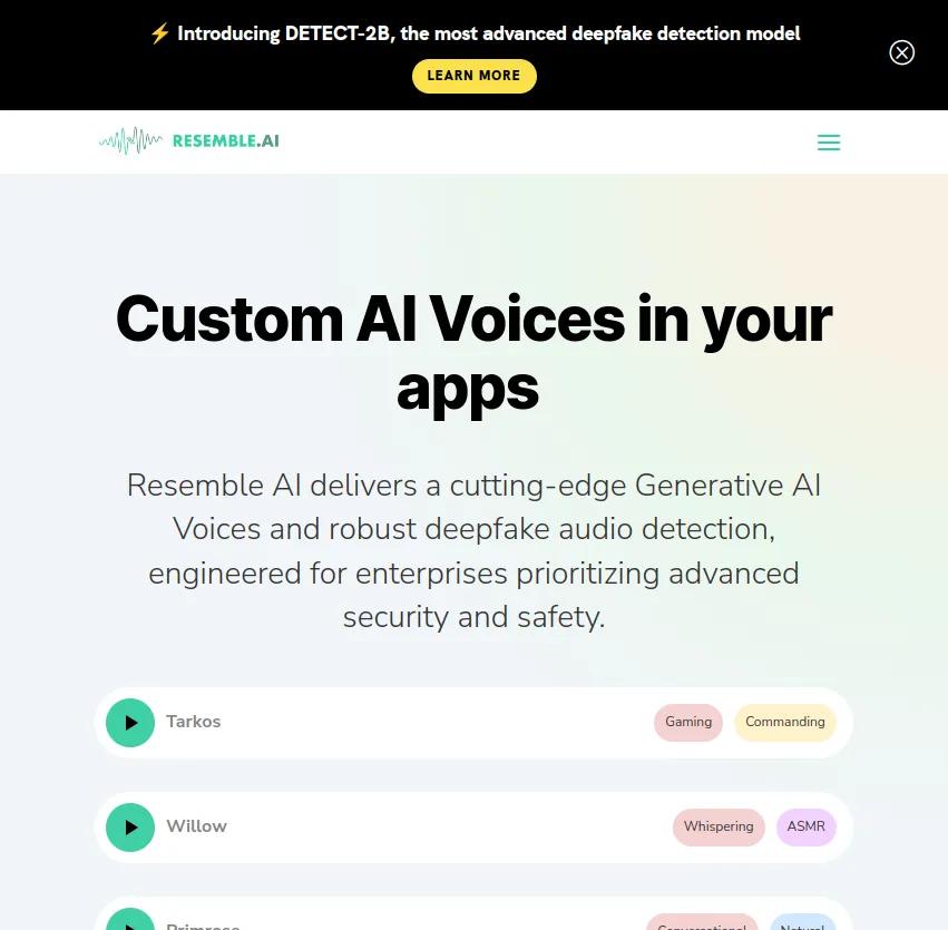 Découvrez Resemble, le générateur de voix IA de pointe, parfait pour les entreprises cherchant sécurité et performance. Créez des voix réalistes et détectez les deepfakes audio facilement.