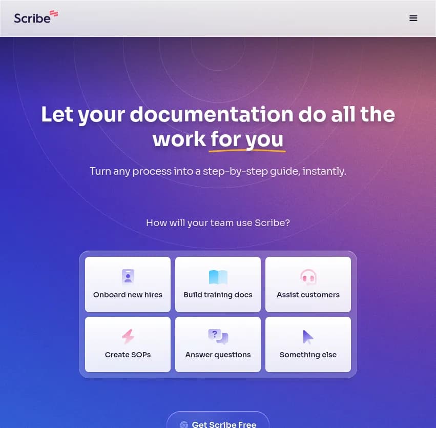 Screenshot of app Scribehow : Transformez chaque processus en guide étape par étape avec Scribehow! Facilitez l'intégration, créez des SOP, élaborez des formations, répondez aux questions et assistez vos clients rapidement.