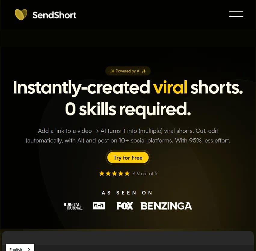 Screenshot of app Sendshort : Créez des vidéos virales en un rien de temps avec Sendshort. Coupez, éditez et programmez facilement vos posts. Transformez vos vidéos longues ou courtes grâce à la puissance de l'IA.