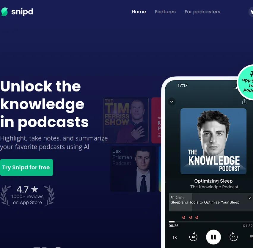 Découvrez Snipd, l'outil innovant pour débloquer le savoir des podcasts. Prenez des notes, surlignez, et résumez vos podcasts préférés grâce à l'IA. Essayez-le maintenant !