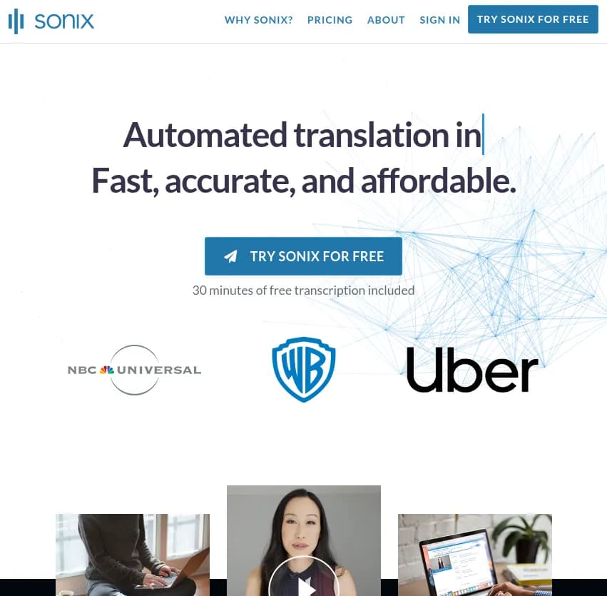 Screenshot of app Sonix : Sonix: Transcription automatisée en 49+ langues. Rapide, précis et abordable. Connectez vos outils pour plus de précision et transformez tout cela en un contenu inventif !