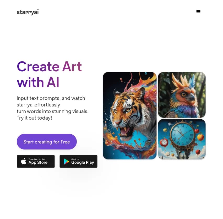 Screenshot of app Starry AI : Transformez vos mots en images éblouissantes avec Starry AI ! Entrez vos invites et laissez l'IA créer des œuvres d'art impressionnantes en un clin d'œil. Essayez-le dès aujourd'hui !