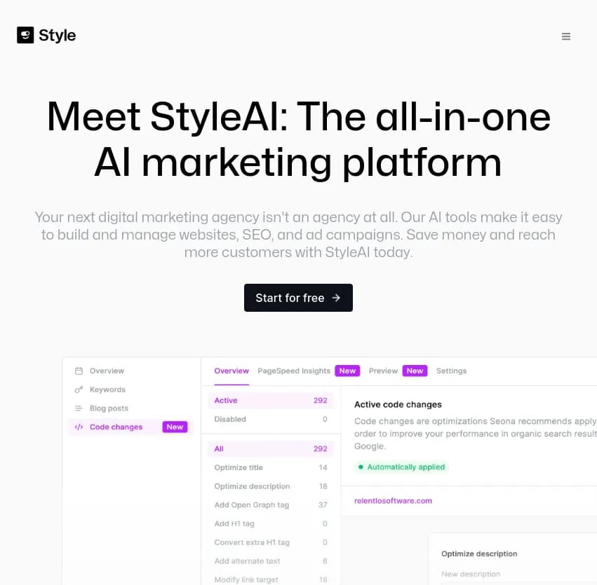 Screenshot of app Style AI : Découvrez StyleAI : la plateforme tout-en-un de marketing numérique. Boostez vos campagnes SEO et publicitaires avec des outils AI intuitifs. Économisez et atteignez plus de clients dès aujourd'hui.