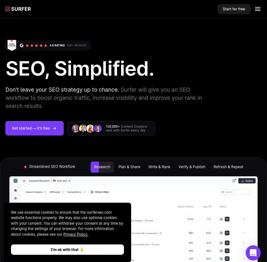 Boost your organic traffic and elevate search rankings with Surfer's simplified SEO workflow. Enhance your visibility effortlessly and take control of your SEO strategy today!