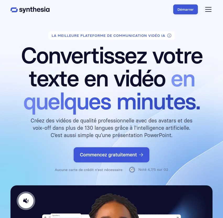 Screenshot of app Synthesia : Créez des vidéos de qualité studio en quelques minutes avec Synthesia. Avatars AI et voix off en 130+ langues. Aussi simple qu'une présentation.