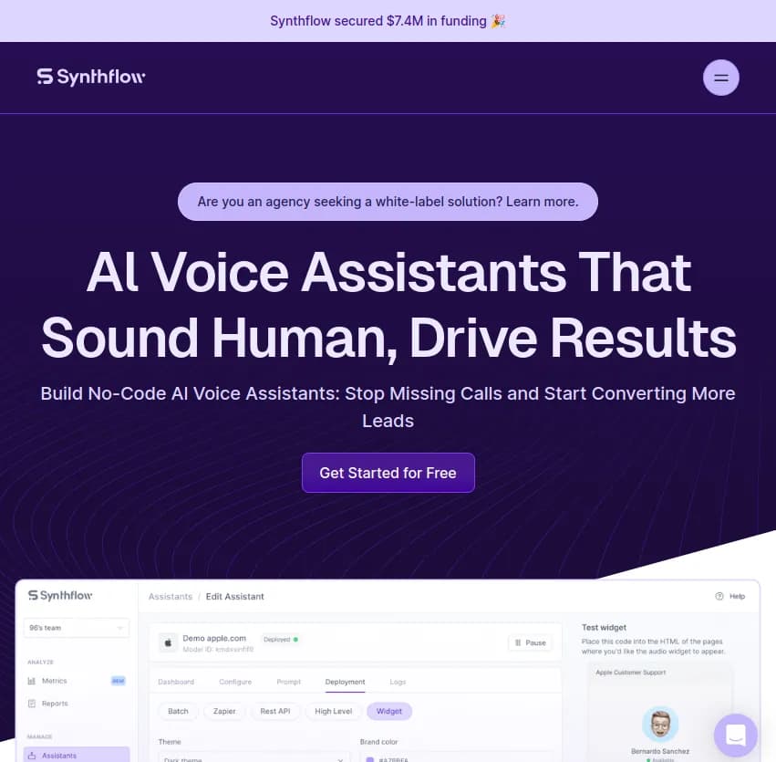 Screenshot of app Synthflow AI : Découvrez Synthflow AI, votre allié pour créer des assistants vocaux IA réalistes. Simplifiez vos appels entrants et sortants, ainsi que la prise de rendez-vous, sans aucune compétence en codage!