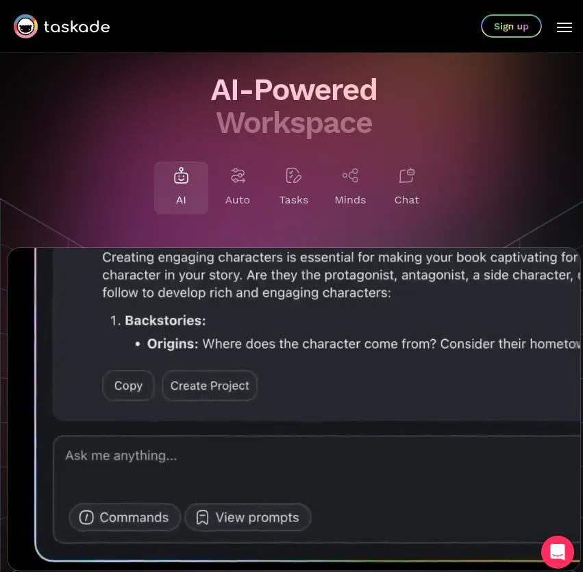 Screenshot of app Taskade : Boostez votre productivité avec Taskade, votre cerveau numérique boosté par l'IA. Synchronisez votre travail en un espace unifié avec cinq outils puissants. Essayez Taskade dès aujourd'hui!