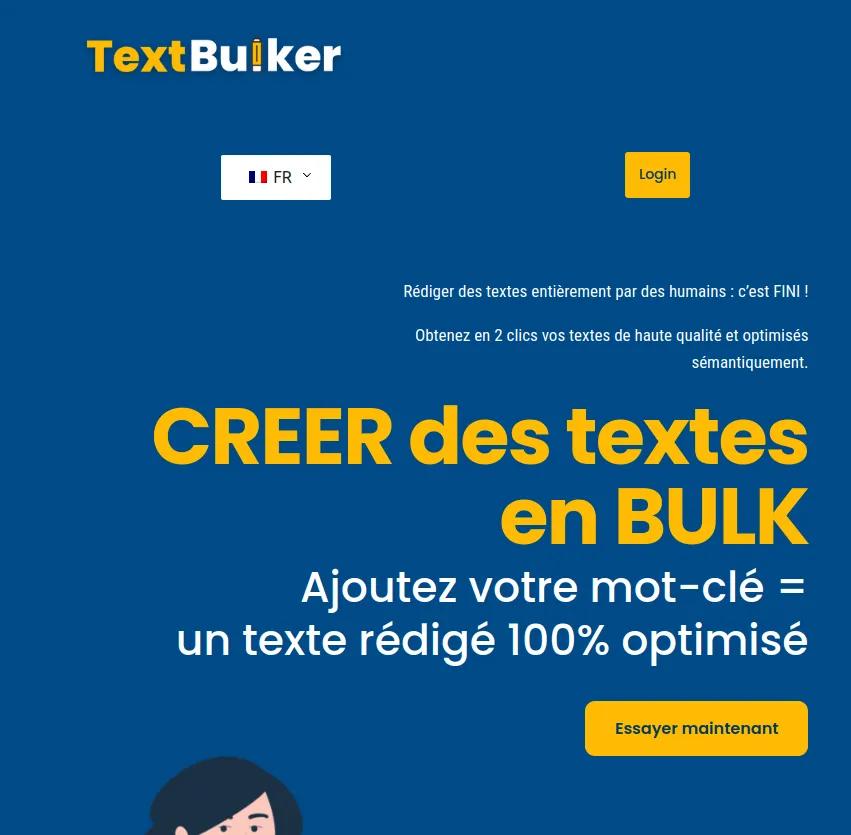 Screenshot of app Text Bulker : Générez des textes de haute qualité et optimisés sémantiquement en 2 clics avec Text Bulker. Créez des contenus en masse, ajoutez vos mots-clés et obtenez des textes 100% optimisés!