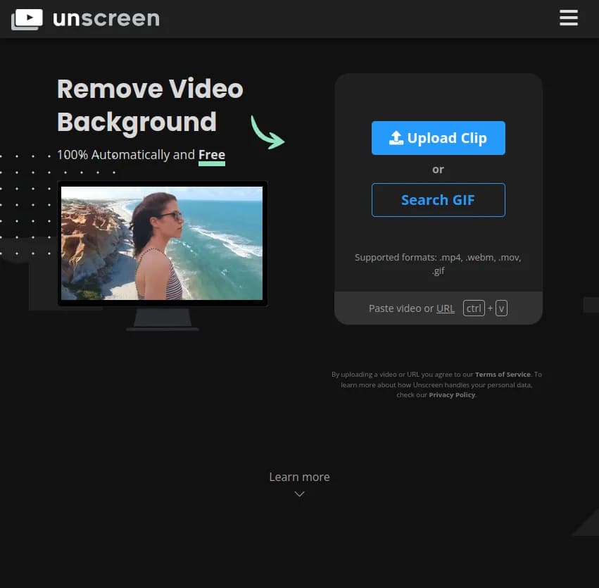 Screenshot of app Unscreen : Supprimez automatiquement l'arrière-plan de vos vidéos en un clin d'œil avec Unscreen. Transformez vos contenus sans effort et gratuitement grâce à cet outil innovant.