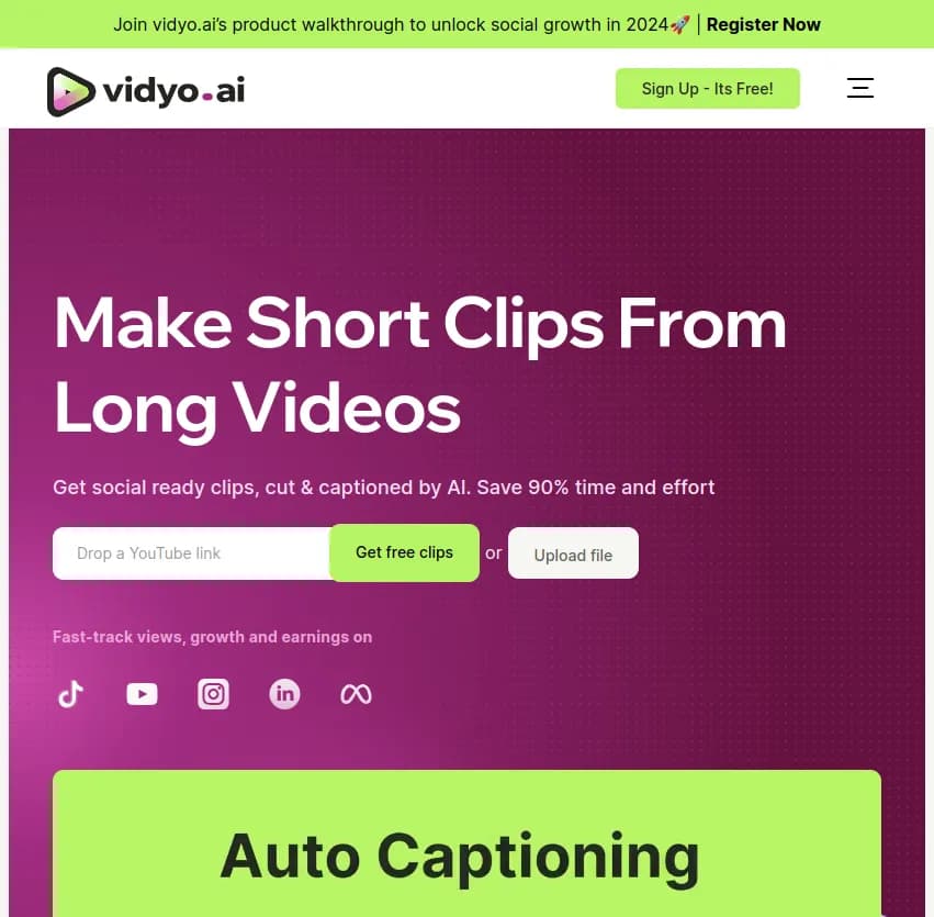 Screenshot of app Vidyo : Créez de courts clips à partir de longues vidéos avec Vidyo. Gagnez du temps et de l'effort grâce à l'IA pour couper et sous-titrer vos vidéos en un clin d'œil.