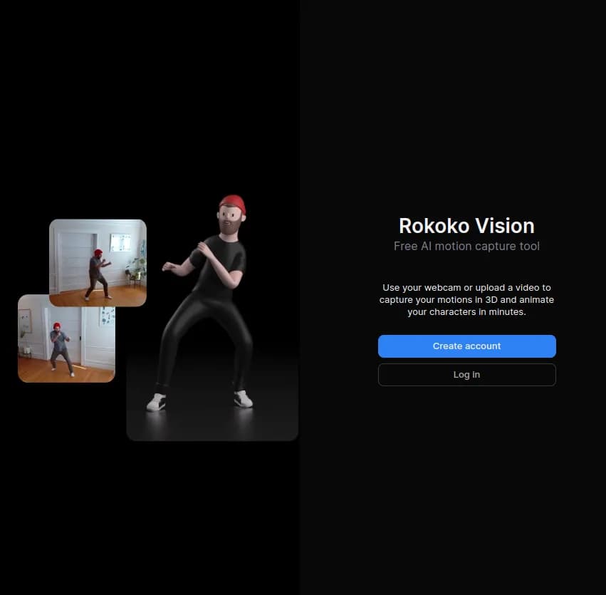 Screenshot of app Vision Rokoko : Découvrez Vision Rokoko, un outil gratuit de capture de mouvement en 3D via webcam ou vidéo. Animez vos personnages en quelques minutes et libérez votre créativité avec précision.