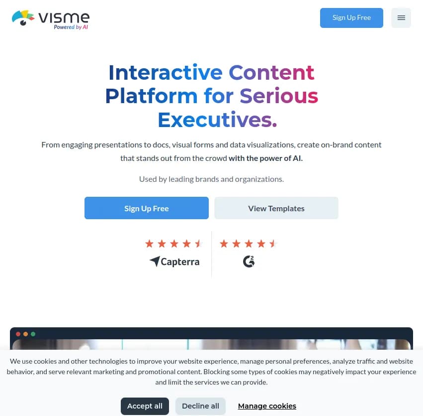 Créez des contenus visuels percutants avec Visme! Idéal pour les marketeurs sérieux, élaborez présentations, documents et visualisations qui se démarquent grâce à l'IA.