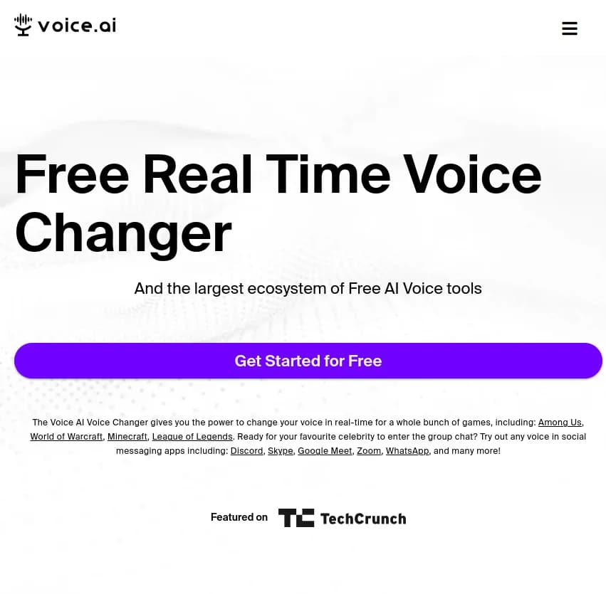 Screenshot of app Voice AI : Transformez votre voix en temps réel avec Voice AI. Découvrez le plus grand écosystème d'outils gratuits de modification vocale basés sur l'IA. Créez, connectez et innovez sans limites.