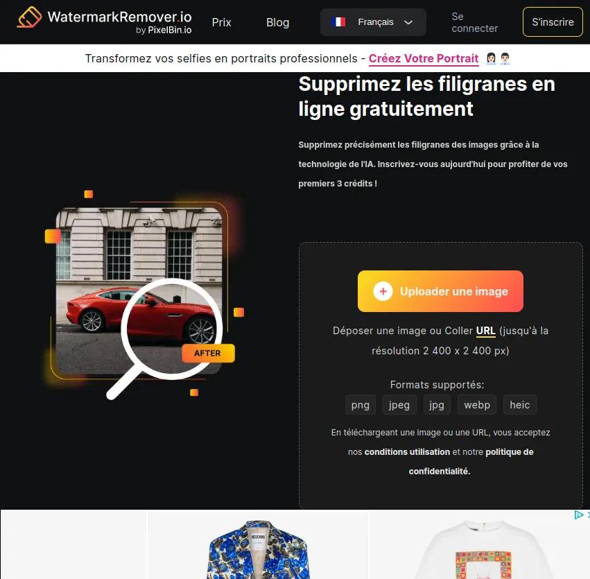 Screenshot of app Watermark Remover : Découvrez Watermark Remover, l'outil alimenté par l'IA qui supprime les filigranes de vos images en un clin d'œil. Profitez de 3 crédits gratuits à l'inscription !