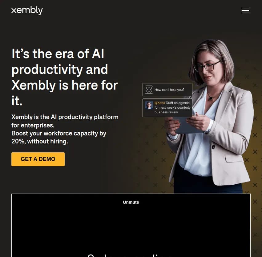 Screenshot of app Xembly : Découvrez Xembly, la plateforme IA qui révolutionne la productivité en entreprise. Augmentez la capacité de votre équipe de 20% sans embaucher. Libérez votre potentiel dès aujourd'hui !