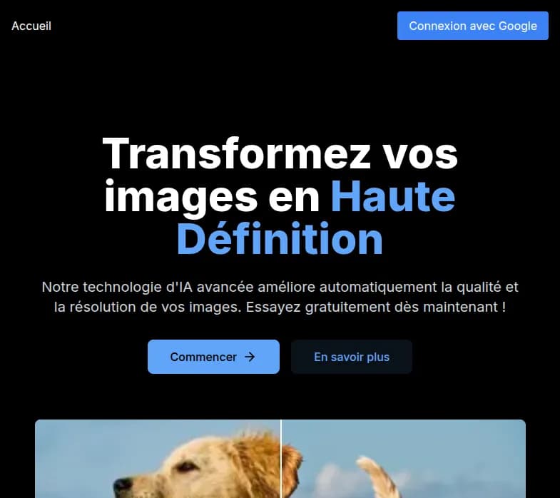 Screenshot of app Ai Upscale : "Découvrez Ai Upscale, donnez une seconde vie à vos photos en haute définition grâce à l'IA. Facile à utiliser, sécurisé et gratuit à tester !"