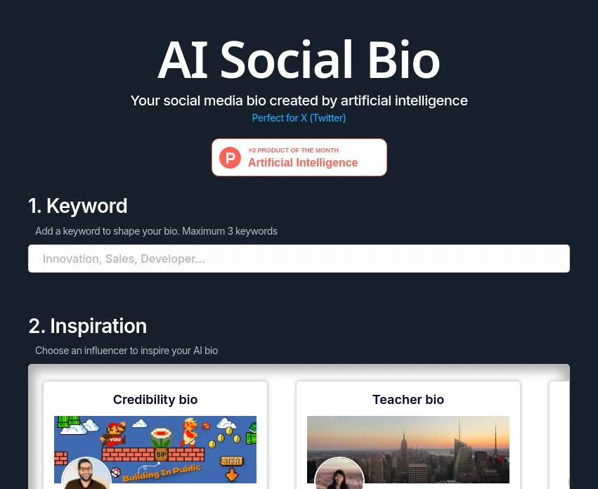 Créez une bio de réseau social percutante en quelques clics avec AI Social Bio. Transformez votre présence en ligne grâce à l'IA 