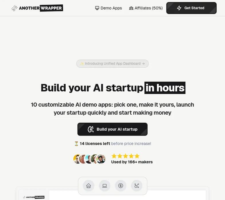 Screenshot of app AnotherWrapper : Découvrez Build Your AI Startup, une plateforme innovante pour créer et lancer votre entreprise d'IA rapidement. Profitez de notre technologie Next.js et Supabase. 