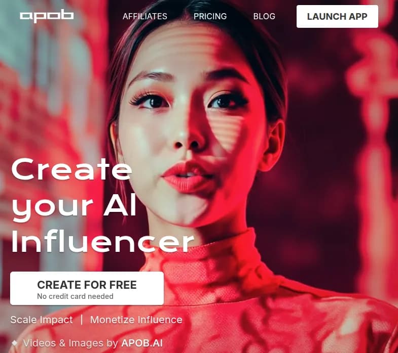 Screenshot of app Apob AI : "Découvrez Apob AI, la plateforme révolutionnaire d'IA générative. Créez et animez votre influenceur IA gratuitement. Lancez votre chaîne YouTube maintenant !"