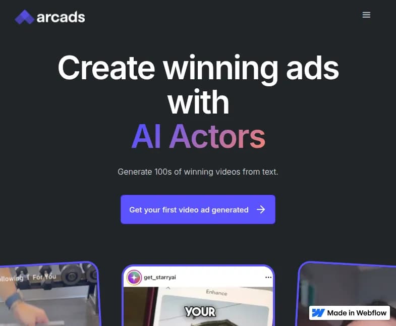 Screenshot of app Arcads AI : "Découvrez Arcads AI, l'outil révolutionnaire qui crée des vidéos pros à partir de textes. Boostez vos pubs, réduisez coûts et délais. Essayez-le !"