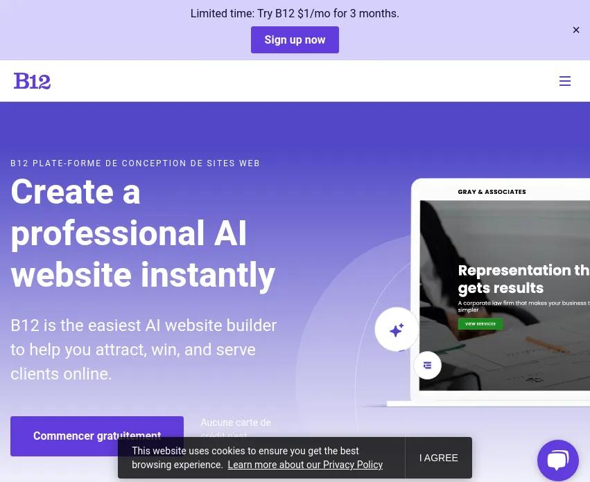 Créez un site web professionnel en quelques clics avec B12, le constructeur le plus simple propulsé par l'IA. Attirez et fidélisez vos clients sans compétences techniques