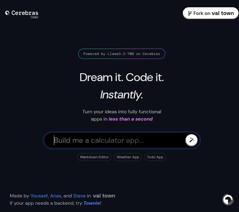Screenshot of app Cerebras Coder AI : Découvrez Cerebras Coder AI, l'outil qui transforme vos idées en code en une seconde. Création numérique rapide et accessible à tous. Essayez-le dès maintenant!